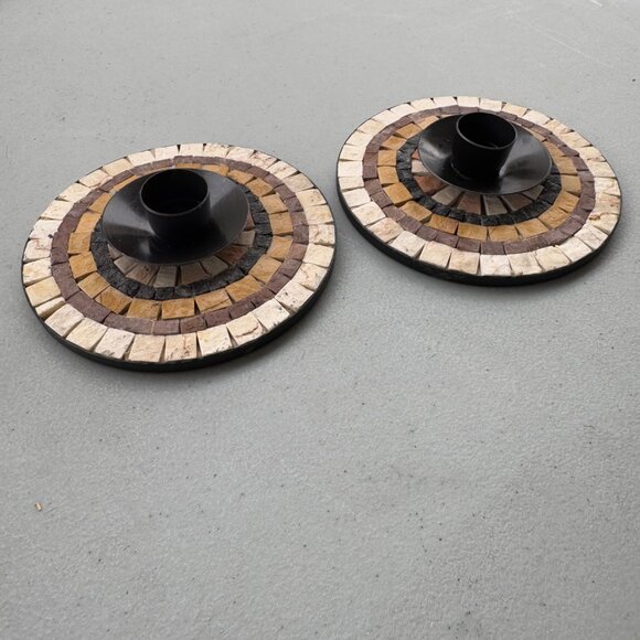 Vintage Mosaic Candle Sticks Black Metal Natural stone Made in Israel - Picture 1 of 8